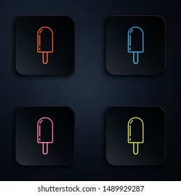 Color neon line Ice cream icon isolated on white background. Sweet symbol. Set icons in colorful square buttons. Vector Illustration