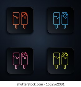 Color neon line Ice cream icon isolated on black background. Sweet symbol. Set icons in colorful square buttons. Vector Illustration
