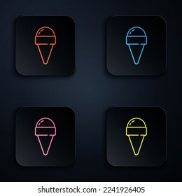 Color neon line Ice cream in waffle cone icon isolated on black background. Sweet symbol. Set icons in square buttons. Vector