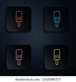 Color neon line Ice cream icon isolated on black background. Sweet symbol. Set icons in square buttons. Vector