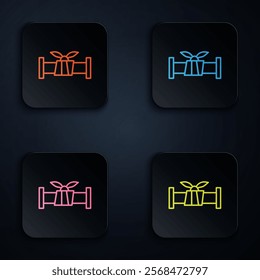 Color neon line Industry metallic pipe icon isolated on black background. Plumbing pipeline parts of different shapes. Set icons in square buttons. Vector