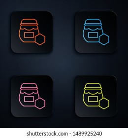 Color neon line Jar of honey icon isolated on white background. Food bank. Sweet natural food symbol. Set icons in colorful square buttons. Vector Illustration