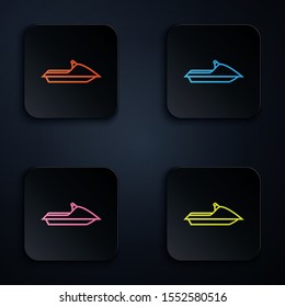 Color neon line Jet ski icon isolated on black background. Water scooter. Extreme sport. Set icons in colorful square buttons. Vector Illustration