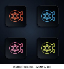 Color neon line Jewish synagogue building or jewish temple icon isolated on black background. Hebrew or judaism construction with David star. Set icons in square buttons. Vector