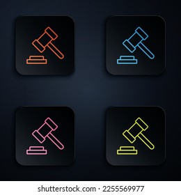 Color neon line Judge gavel icon isolated on black background. Gavel for adjudication of sentences and bills, court, justice. Auction hammer. Set icons in square buttons. Vector