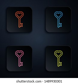 Color neon line Key in heart shape icon isolated on white background. Set icons in colorful square buttons. Vector Illustration