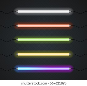 Color Neon Line Lamp Tube Set on Black Background Night Glow Decoration. Vector illustration