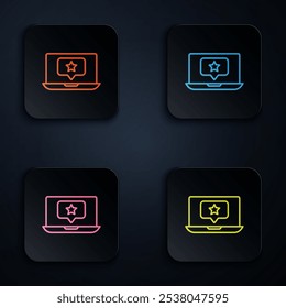 Color neon line Laptop with star icon isolated on black background. Favorite, best rating, award symbol. Set icons in square buttons. Vector