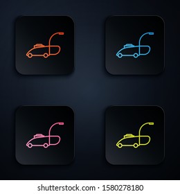 Color neon line Lawn mower icon isolated on black background. Lawn mower cutting grass. Set icons in colorful square buttons. Vector Illustration