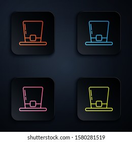 Color neon line Leprechaun hat icon isolated on black background. Happy Saint Patricks day. Set icons in colorful square buttons. Vector Illustration