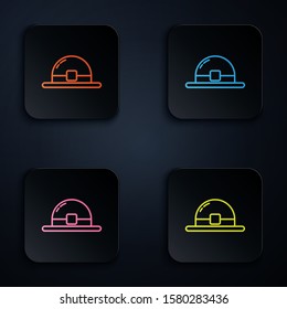 Color neon line Leprechaun hat icon isolated on black background. Happy Saint Patricks day. Set icons in colorful square buttons. Vector Illustration