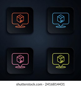 Color neon line Location with cardboard box icon isolated on black background. Delivery services, logistic and transportation, distribution. Set icons in square buttons. Vector