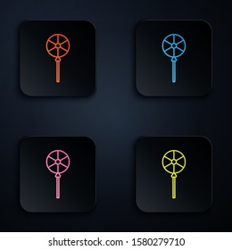 Color neon line Lollipop icon isolated on black background. Food, delicious symbol. Set icons in colorful square buttons. Vector Illustration