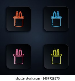 Color neon line Magician hat and rabbit ears icon isolated on white background. Magic trick. Mystery entertainment concept. Set icons in colorful square buttons. Vector Illustration