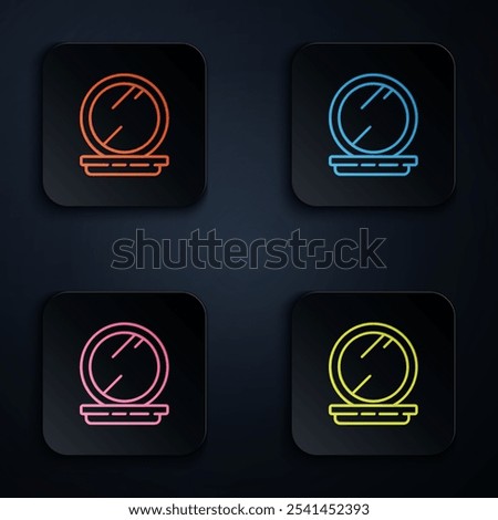 Color neon line Makeup powder with mirror icon isolated on black background. 8 March. International Happy Women Day. Set icons in square buttons. Vector Illustration