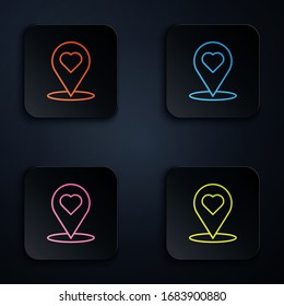 Color neon line Map pointer with heart icon isolated on black background. Valentines day. Love location. Romantic map pin. Set icons in square buttons. Vector Illustration