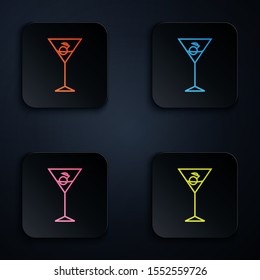 Color neon line Martini glass icon isolated on black background. Cocktail icon. Wine glass icon. Set icons in colorful square buttons. Vector Illustration