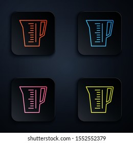 Color neon line Measuring cup to measure dry and liquid food icon isolated on black background. Plastic graduated beaker with handle. Set icons in colorful square buttons. Vector Illustration