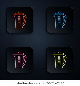 Color neon line Measuring cup to measure dry and liquid food icon isolated on black background. Plastic graduated beaker with handle. Set icons in colorful square buttons. Vector Illustration