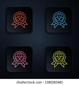 Color neon line Medal with four leaf clover icon isolated on black background. Happy Saint Patrick day. Set icons in colorful square buttons. Vector Illustration
