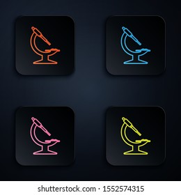 Color neon line Microscope icon isolated on black background. Chemistry, pharmaceutical instrument, microbiology magnifying tool. Set icons in colorful square buttons. Vector Illustration