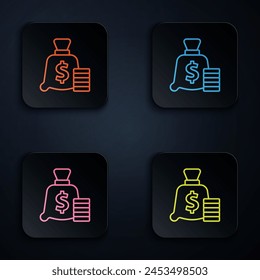 Color neon line Money bag icon isolated on black background. Dollar or USD symbol. Cash Banking currency sign. Set icons in square buttons. Vector