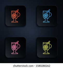 Color neon line Mulled wine with glass of drink and ingredients icon isolated on black background. Cinnamon stick, clove, lemon slice. Set icons in colorful square buttons. Vector Illustration