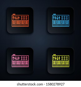Color neon line Music synthesizer icon isolated on black background. Electronic piano. Set icons in colorful square buttons. Vector Illustration