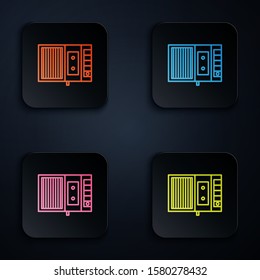Color neon line Music tape player icon isolated on black background. Portable music device. Set icons in colorful square buttons. Vector Illustration