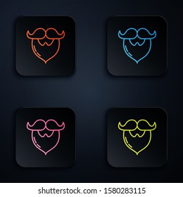 Color neon line Mustache and beard icon isolated on black background. Barbershop symbol. Facial hair style. Set icons in colorful square buttons. Vector Illustration