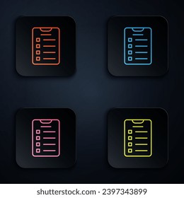 Color neon line New year goals list and plans icon isolated on black background. Merry Christmas and Happy New Year. Set icons in square buttons. Vector