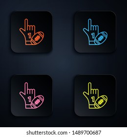 Color neon line Number 1 one fan hand glove with finger raised and american football ball icon on white background. Set of sport equipment. Set icons in colorful square buttons. Vector Illustration
