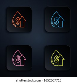 Color neon line Oil price increase icon isolated on black background. Oil industry crisis concept. Set icons in square buttons. Vector Illustration