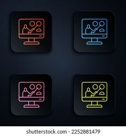 Color neon line Online education and graduation icon isolated on black background. Online teacher on monitor. Webinar and video seminar learning. Set icons in square buttons. Vector Illustration