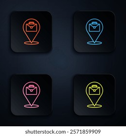 Color neon line Online working icon isolated on black background. Freelancer man working on laptop at his house. Remote work. Distant job concept. Set icons in square buttons. Vector