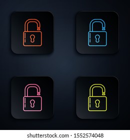 Color neon line Open padlock icon on black background. Opened lock sign. Cyber security concept. Digital data protection. Safety safety. Set icons in colorful square buttons. Vector Illustration