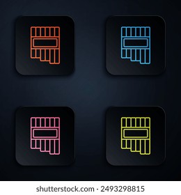 Color neon line Pan flute icon isolated on black background. Traditional peruvian musical instrument. Zampona. Folk instrument from Peru, Bolivia and Mexico. Set icons in square buttons. Vector