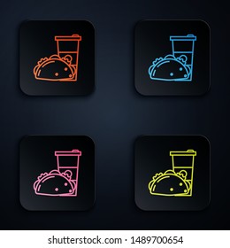 Color neon line Paper glass and taco with tortilla icon on white background. Soda aqua drink sign. Hamburger, burger, cheeseburger sandwich. Set icons in colorful square buttons. Vector Illustration