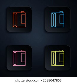 Color neon line Paper package for kefir icon isolated on black background. Dieting food for healthy lifestyle and probiotics fulfillment. Set icons in square buttons. Vector