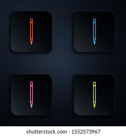 Color neon line Pencil with eraser and line icon isolated on black background. Drawing and educational tools. School office symbol. Set icons in colorful square buttons. Vector Illustration