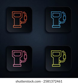 Color neon line Petrol or gas station icon isolated on black background. Car fuel symbol. Gasoline pump. Set icons in square buttons. Vector