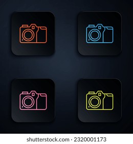 Color neon line Photo camera icon isolated on black background. Foto camera icon. Set icons in square buttons. Vector