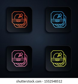 Color neon line Pizza in cardboard box icon isolated on black background. Box with layout elements. Set icons in colorful square buttons. Vector Illustration