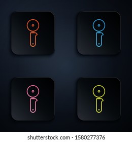 Color neon line Pizza knife icon isolated on black background. Pizza cutter sign. Steel kitchenware equipment. Set icons in square buttons. Vector Illustration
