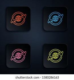 Color neon line Planet earth and a recycling icon isolated on black background. Environmental concept. Set icons in colorful square buttons. Vector Illustration