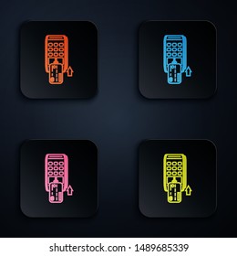 Color neon line Pos terminal with inserted credit card icon isolated on white background. Payment terminal transaction. Pay by card. Set icons in colorful square buttons. Vector Illustration