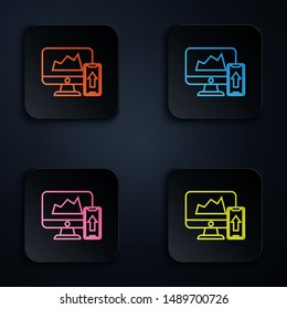 Color neon line Presentation financial business board with graph, schedule, chart, diagram, infographic, pie graph icon on white background. Set icons in colorful square buttons. Vector Illustration