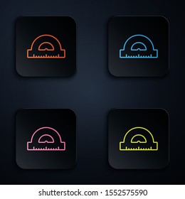 Color neon line Protractor grid for measuring degrees icon isolated on black background. Tilt angle meter. Measuring tool. Geometric symbol. Set icons in colorful square buttons. Vector Illustration