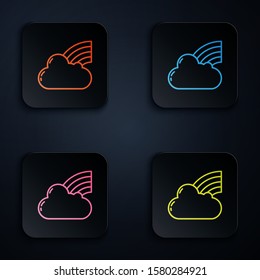 Color neon line Rainbow with clouds icon isolated on black background. Set icons in colorful square buttons. Vector Illustration