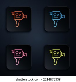 Color neon line Retro cinema camera icon isolated on black background. Video camera. Movie sign. Film projector. Set icons in square buttons. Vector